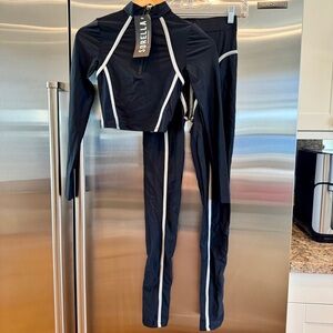 NWT SET Sorella Black Thick Piping Top and Leggings Bodycon Grey Contrast